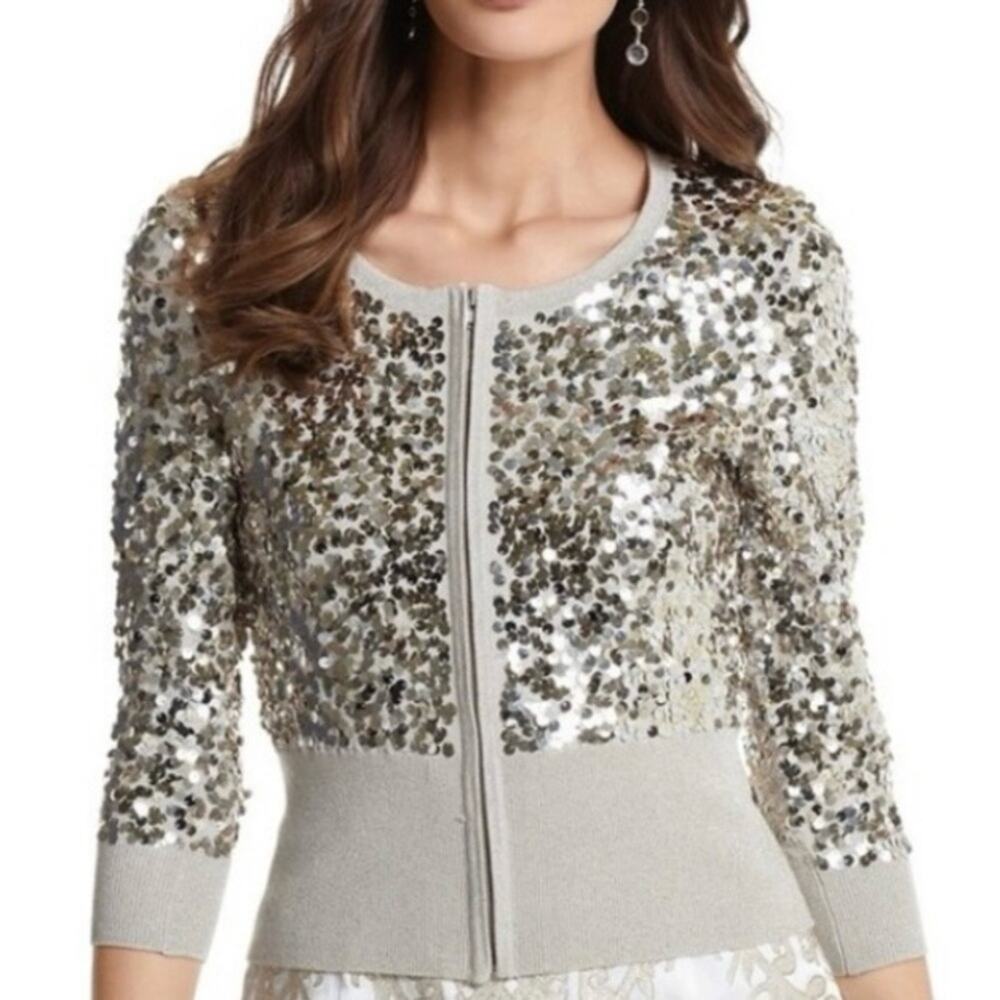 White House Black Market Gold Silver Sequin Bling Zip Up Cardigan Womens Small